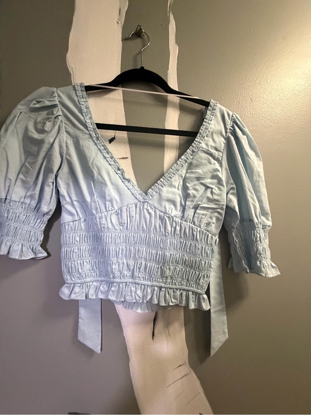 “Lime Lush” Light Blue Smocked V-Neck Womens Top